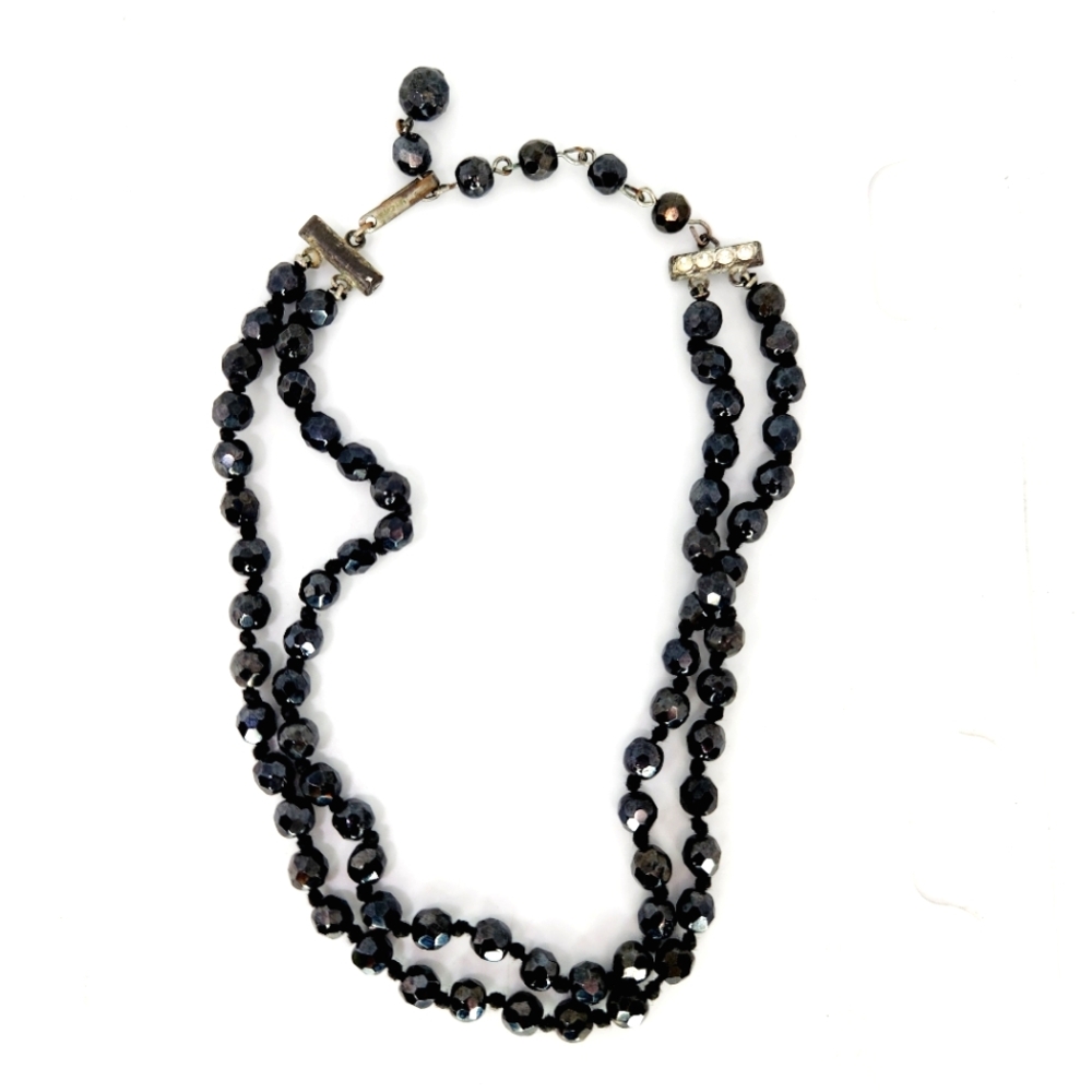 Vintage Black Mourning Goth Faceted Glass Bead Made In Japan Multi Strand Choker